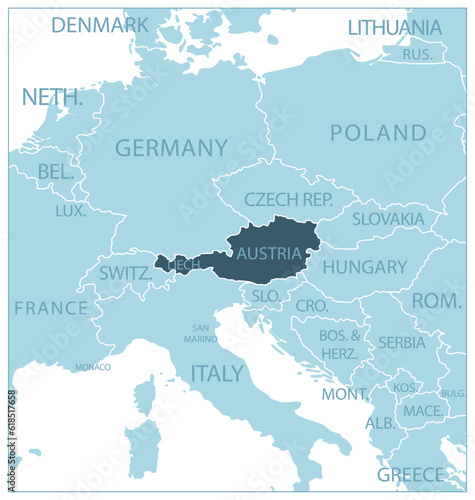 Austria - blue map with neighboring countries and names.