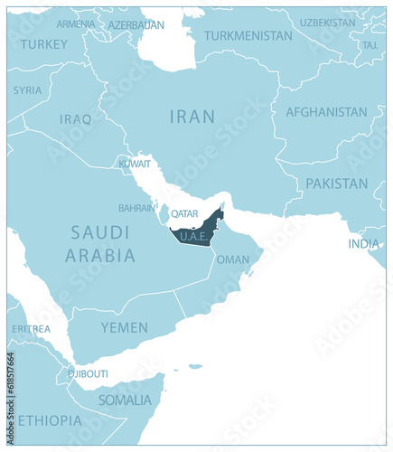 United Arab Emirates - blue map with neighboring countries and names.