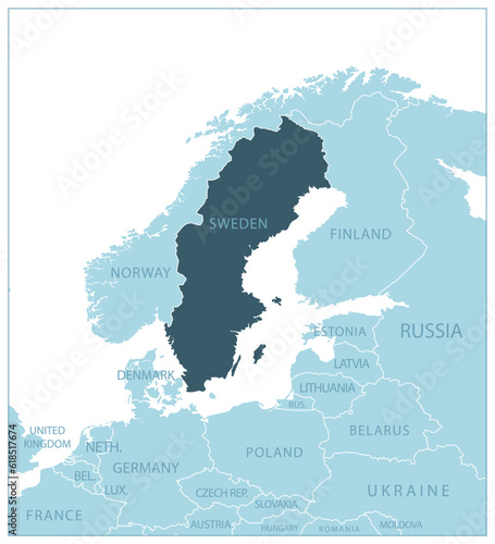Fototapeta Naklejka Na Ścianę i Meble -  Sweden - blue map with neighboring countries and names.
