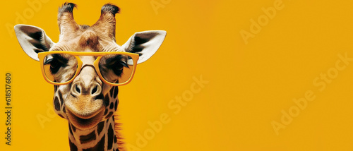 giraffe with sunglasses on yellow background generative AI