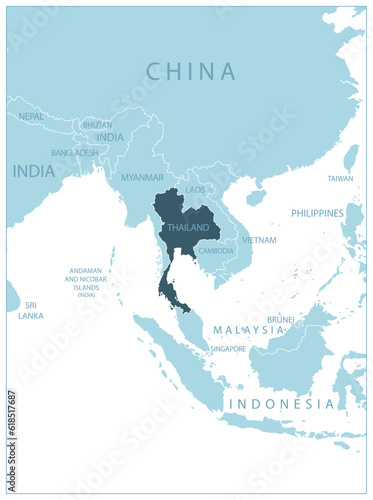 Thailand - blue map with neighboring countries and names.