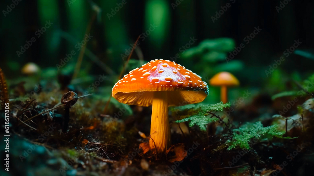 Fototapeta premium magic mushroom glowing in forest Generative AI