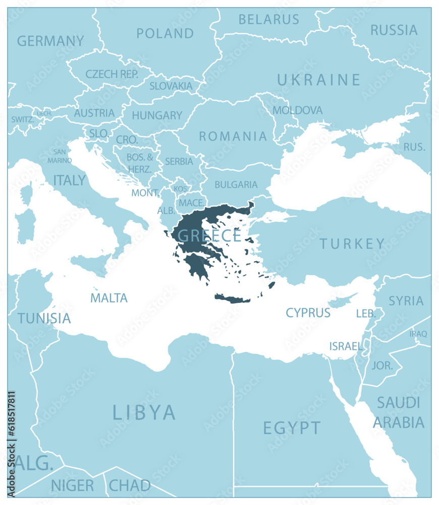 Greece - blue map with neighboring countries and names.
