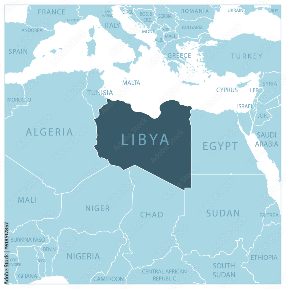 Fototapeta premium Libya - blue map with neighboring countries and names.