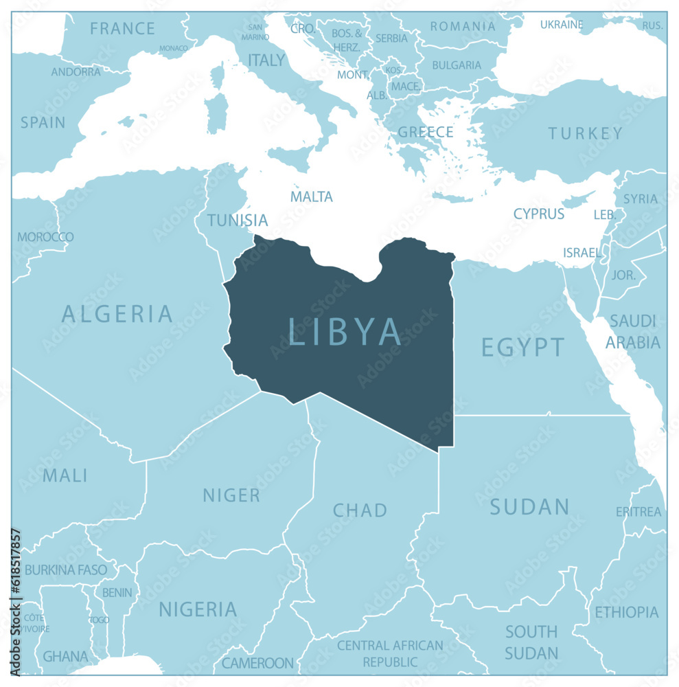 Libya - blue map with neighboring countries and names.