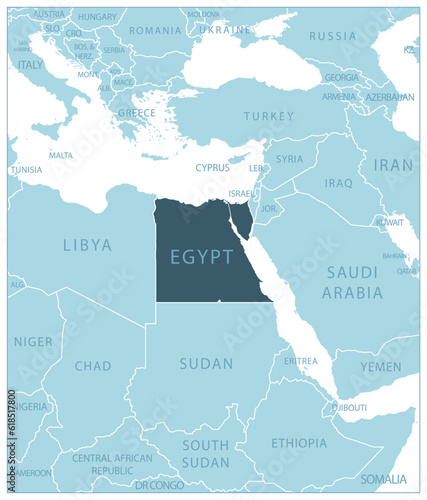 Egypt - blue map with neighboring countries and names.