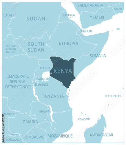 Kenya - blue map with neighboring countries and names.