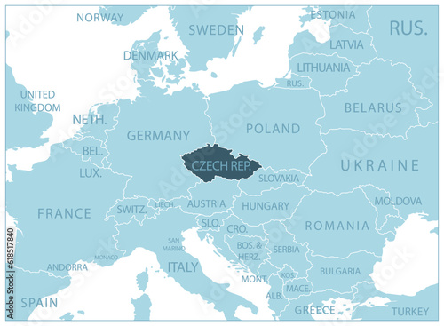 Czech Republic - blue map with neighboring countries and names.