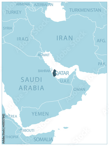 Qatar - blue map with neighboring countries and names.