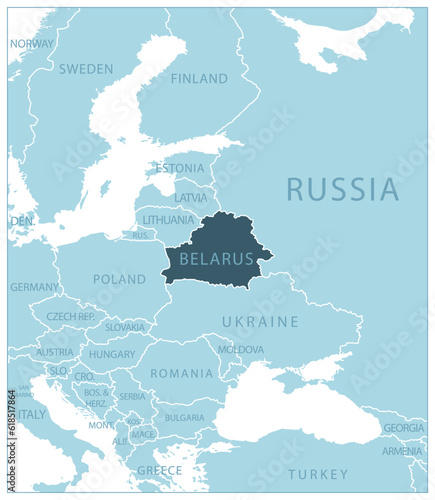 Belarus - blue map with neighboring countries and names.