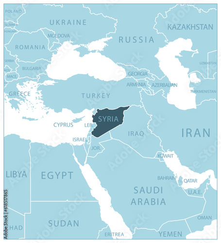 Syria - blue map with neighboring countries and names.