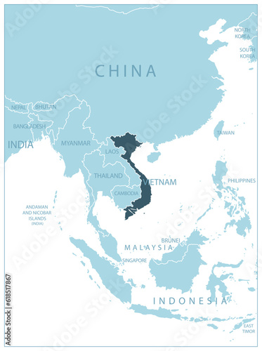 Vietnam - blue map with neighboring countries and names.