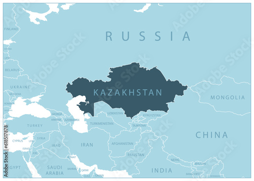 Kazakhstan - blue map with neighboring countries and names.