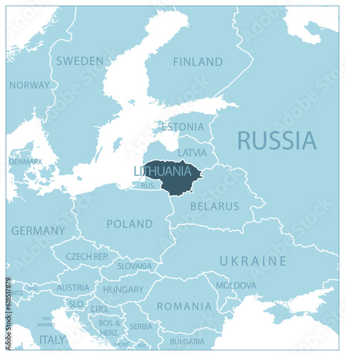 Lithuania - blue map with neighboring countries and names.
