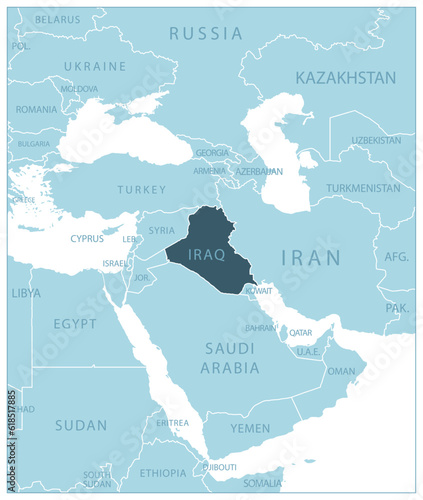 Iraq - blue map with neighboring countries and names.