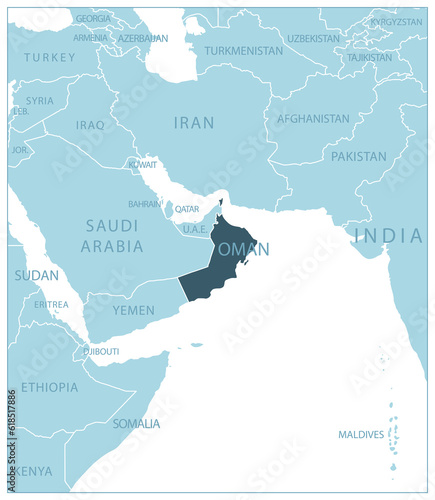 Oman - blue map with neighboring countries and names.