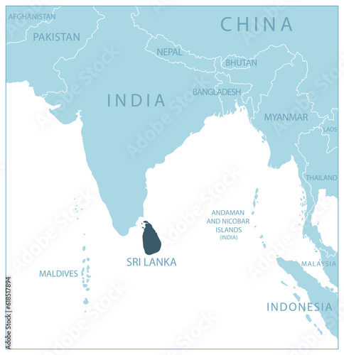 Sri Lanka - blue map with neighboring countries and names.