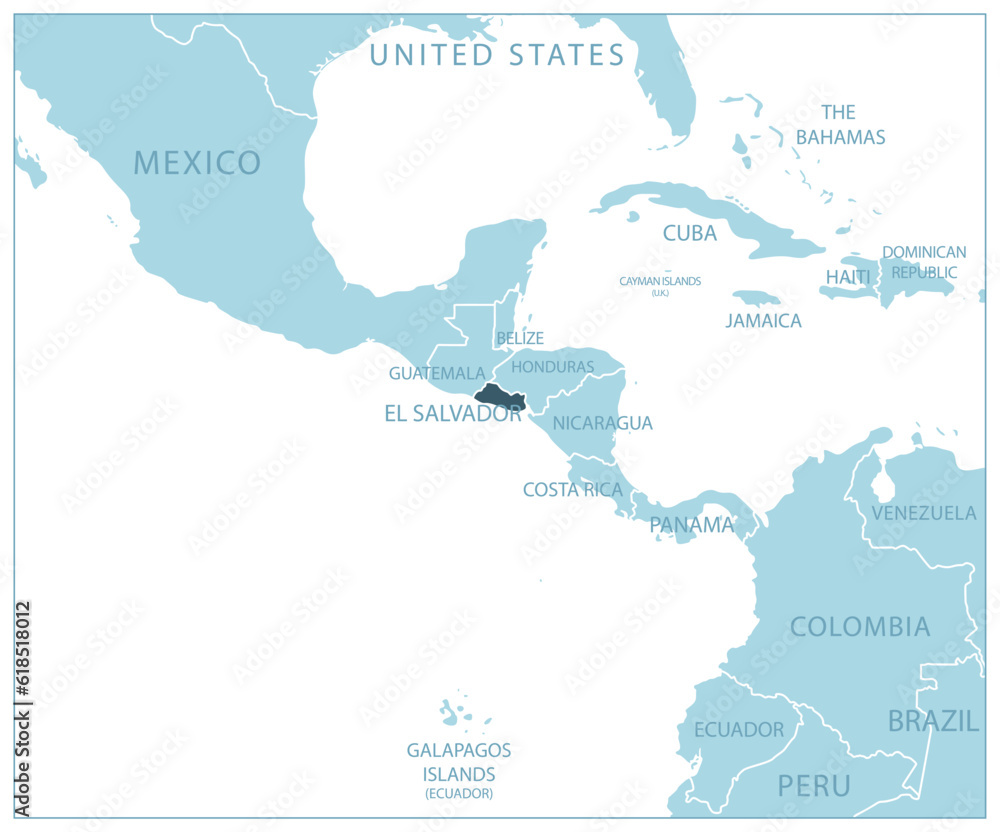 El Salvador - blue map with neighboring countries and names.