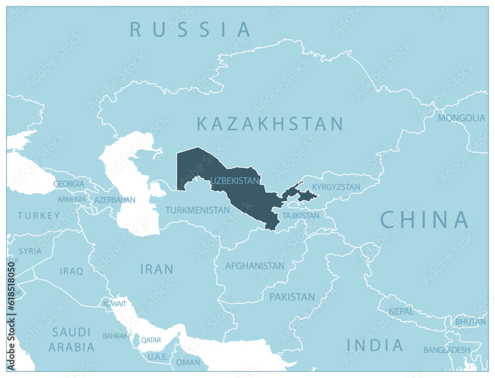 Uzbekistan - blue map with neighboring countries and names.