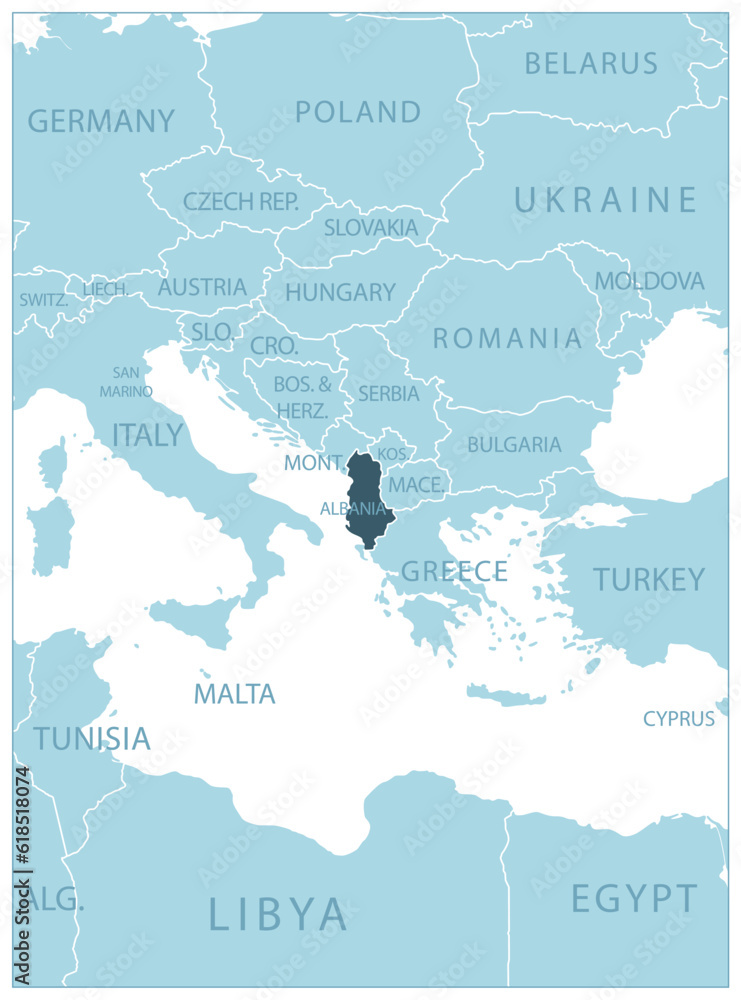 Albania - blue map with neighboring countries and names.