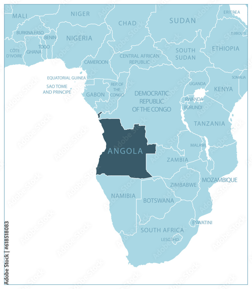 Angola - blue map with neighboring countries and names. Stock Vector ...