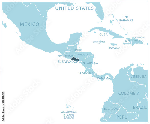 El Salvador - blue map with neighboring countries and names.