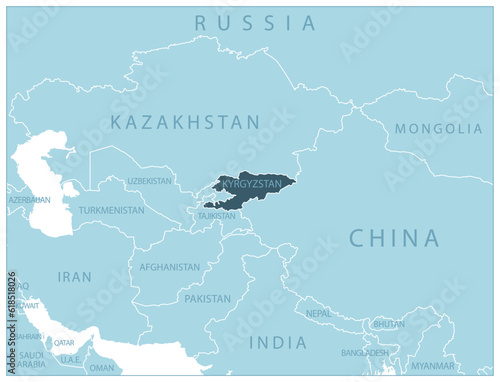 Kyrgyzstan - blue map with neighboring countries and names.