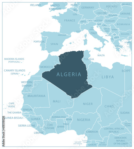 Algeria - blue map with neighboring countries and names.