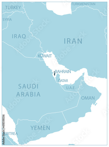 Bahrain - blue map with neighboring countries and names.