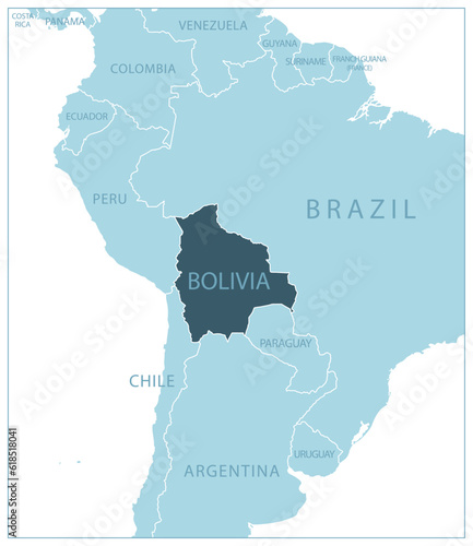 Bolivia - blue map with neighboring countries and names.