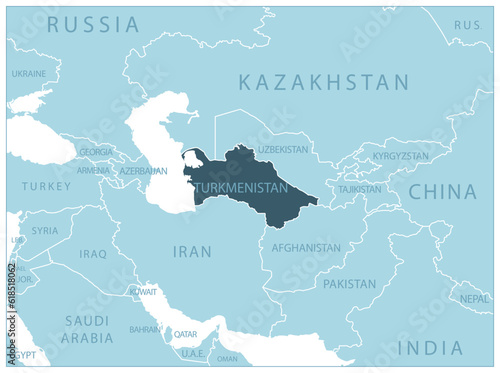 Turkmenistan - blue map with neighboring countries and names.