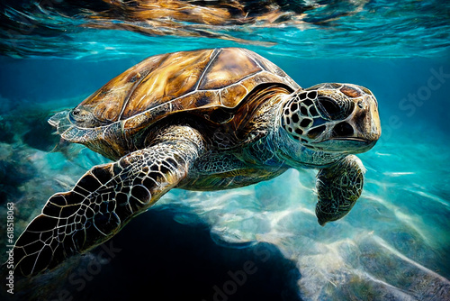 turtle swimming in clear sea water photo