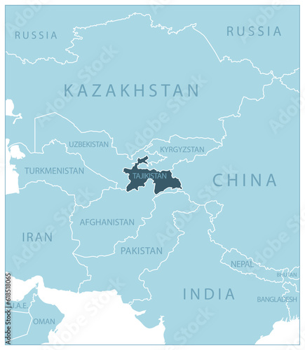 Tajikistan - blue map with neighboring countries and names.