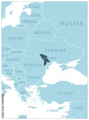 Moldova - blue map with neighboring countries and names.