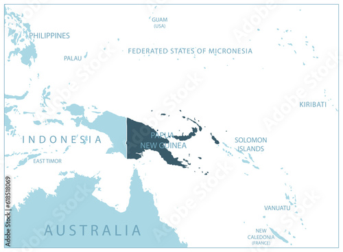 Papua New Guinea - blue map with neighboring countries and names.