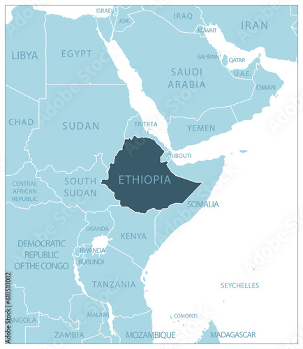 Ethiopia - blue map with neighboring countries and names.