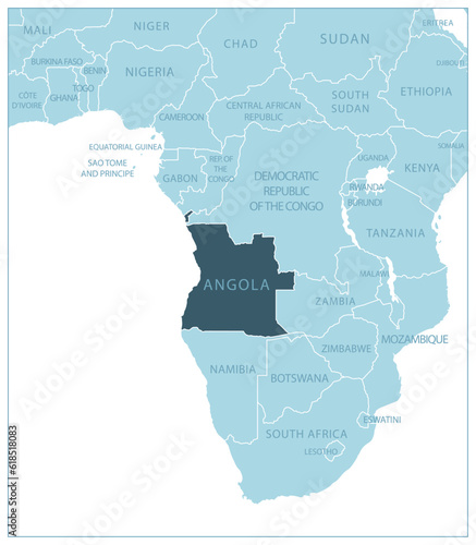 Angola - blue map with neighboring countries and names.