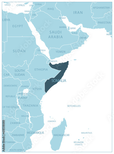 Somalia - blue map with neighboring countries and names.