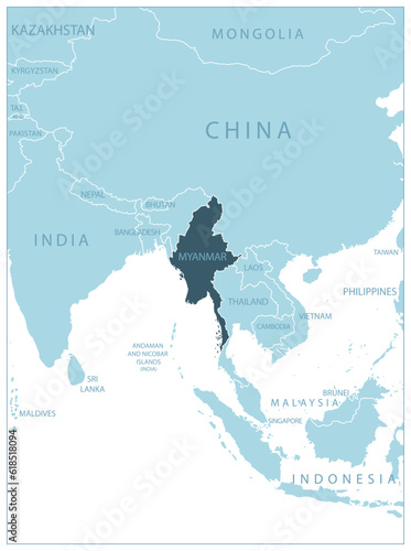 Myanmar - blue map with neighboring countries and names.