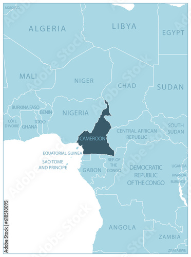 Cameroon - blue map with neighboring countries and names.