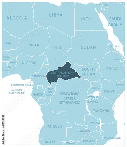 Central African Republic - blue map with neighboring countries and names.