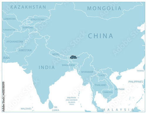 Bhutan - blue map with neighboring countries and names.