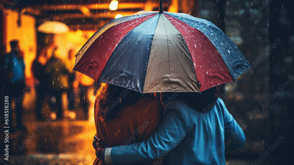 Friends huddled together under umbrellas in the rain, finding comfort and support in each other's presence Generative AI