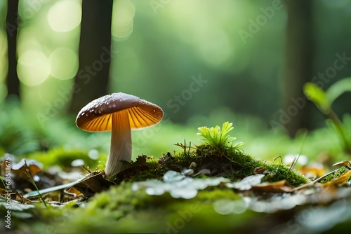A close-up of small mushroom in the forest generated by AI tool