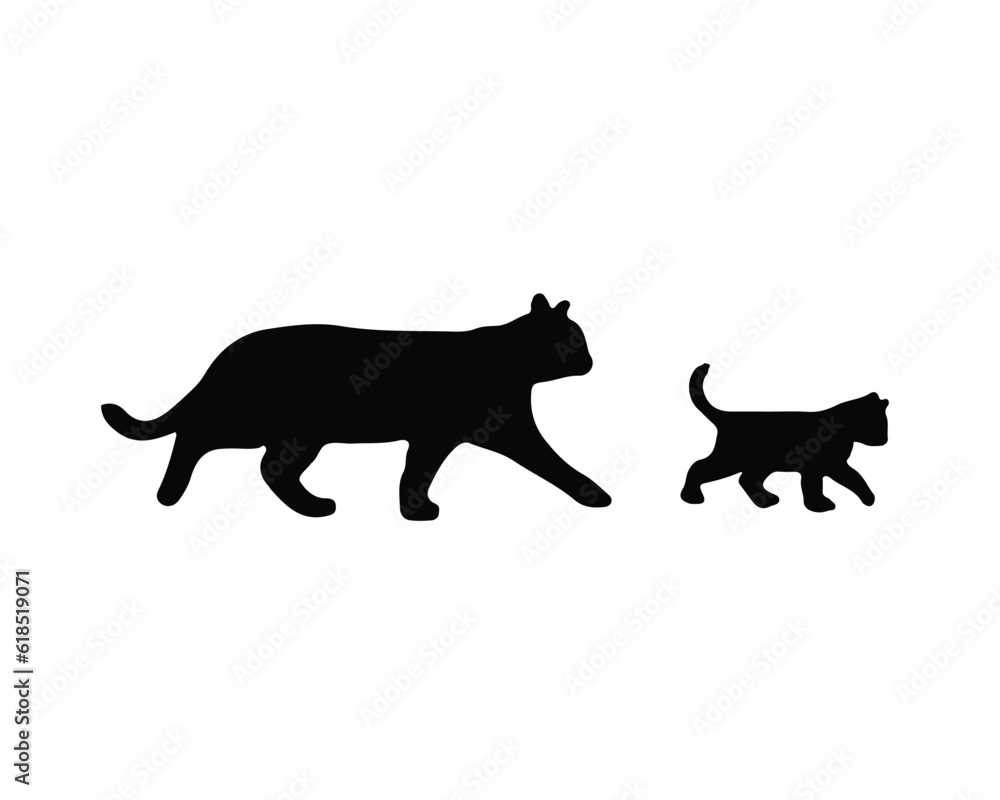 Walking Cat snd kitten. Cat silhouette symbol. Linear style sign for mobile concept and web design. Domestic house pet. Mammal animals