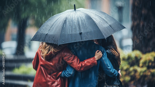 Friends huddled together under umbrellas in the rain, finding comfort and support in each other's presence Generative AI photo
