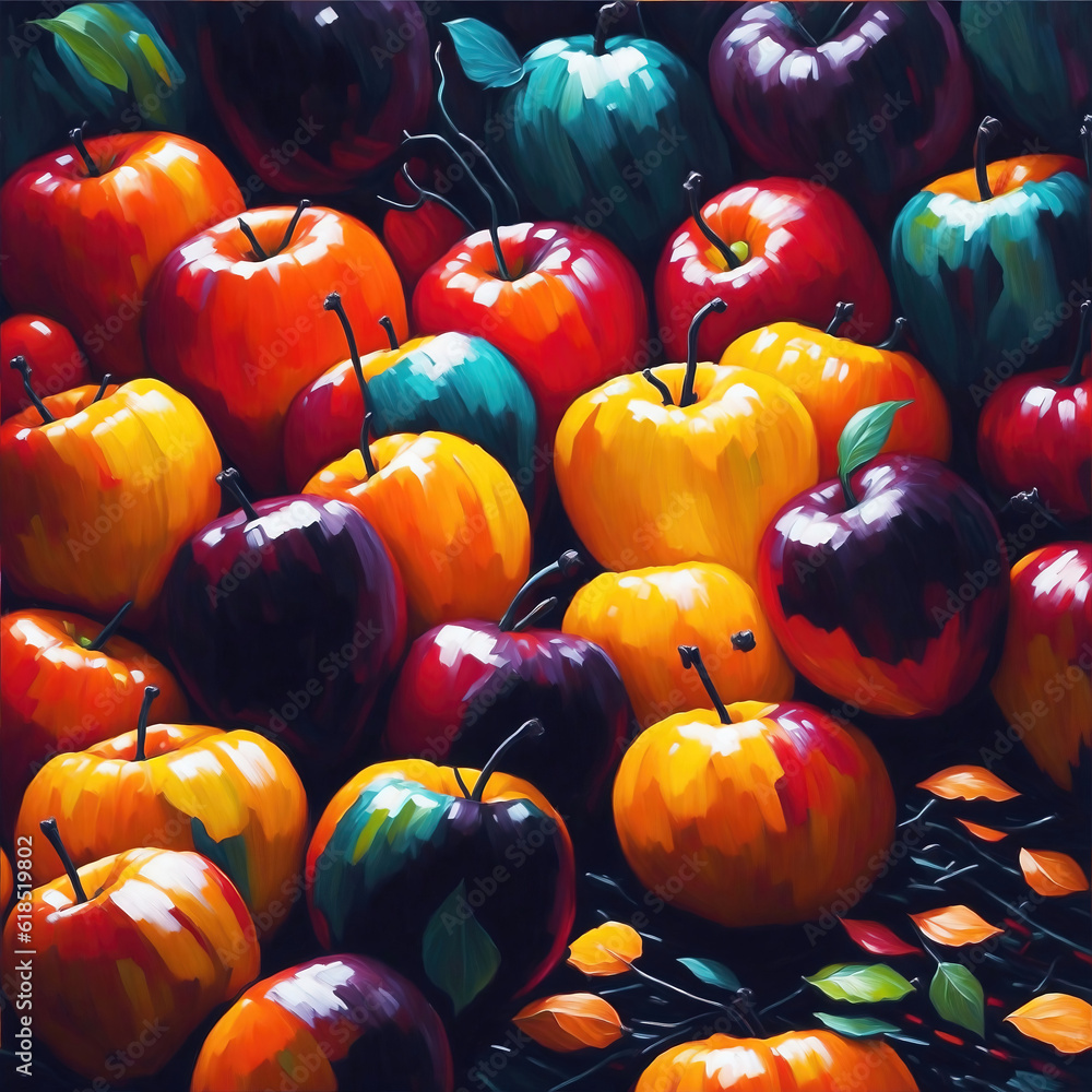 Many colorful apples background, oil painting style illustration.