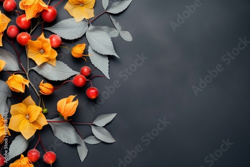 Autumn composition with berries and leaves on black background. Flat lay, top view, copy space. Generative AI