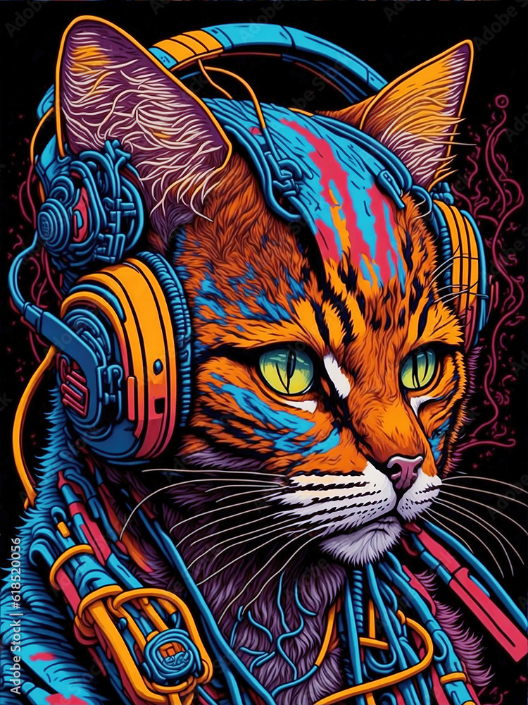 Fototapeta Cat in headphones flat vector style illustration for sticker, clip art, vintage t-shirt design.