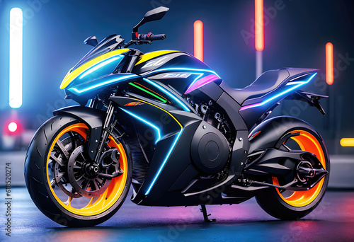 Motorcycle futuristic design, fantastic motorbike modern project with glowing neon lights.